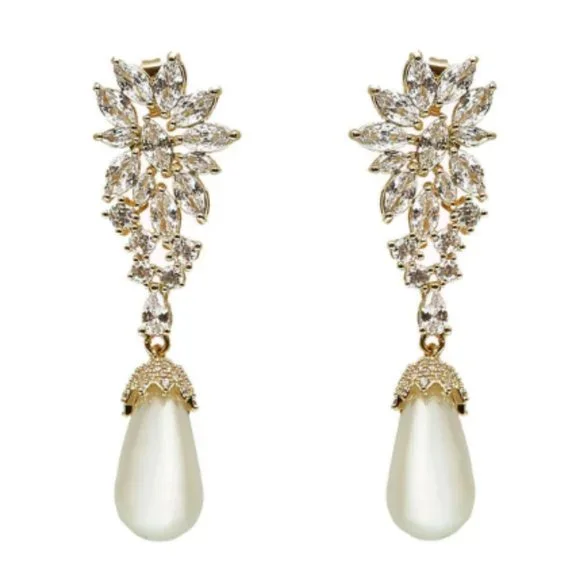 18k Gold Pearl Earrings Wedding Bridal Dangle Drop Statement Earrings - Picture 1 of 2